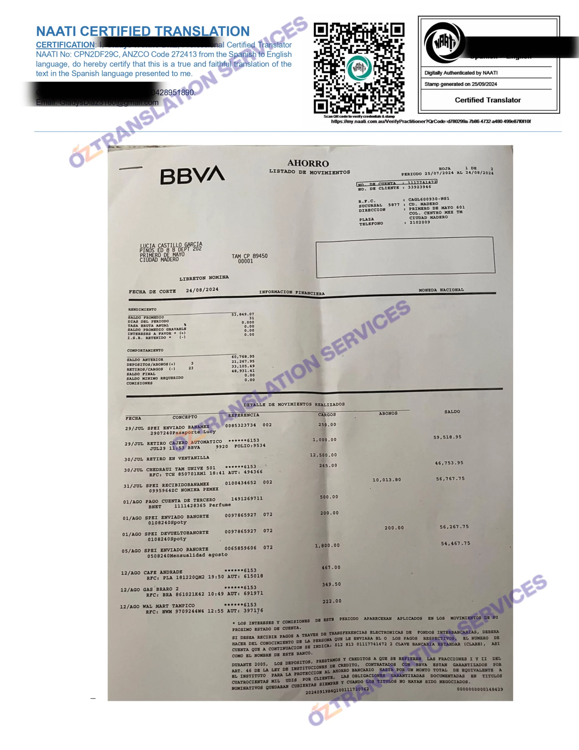 Our NAATI translators provide Spanish to English bank statement translation service