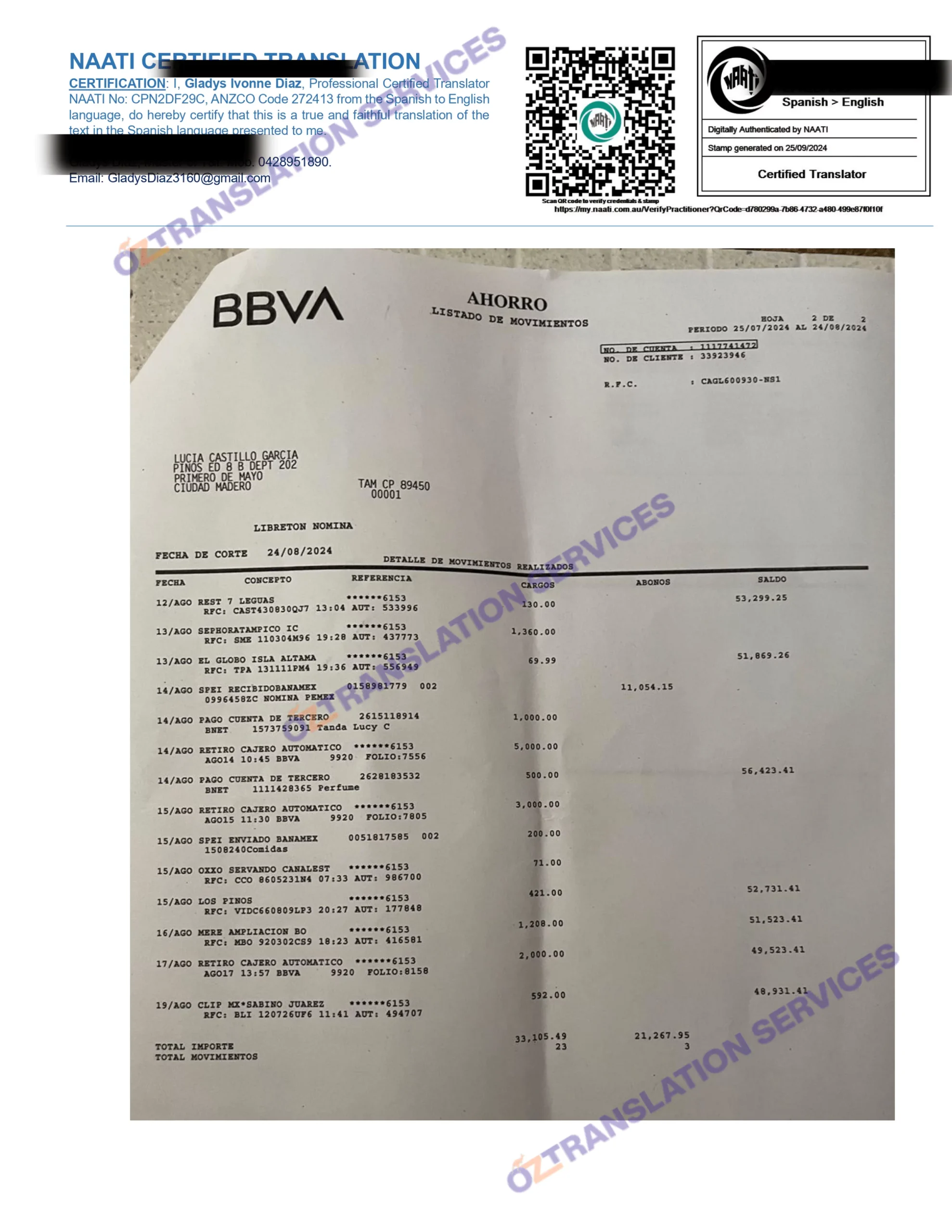 Our NAATI translators providing Spanish to English bank statement translation services