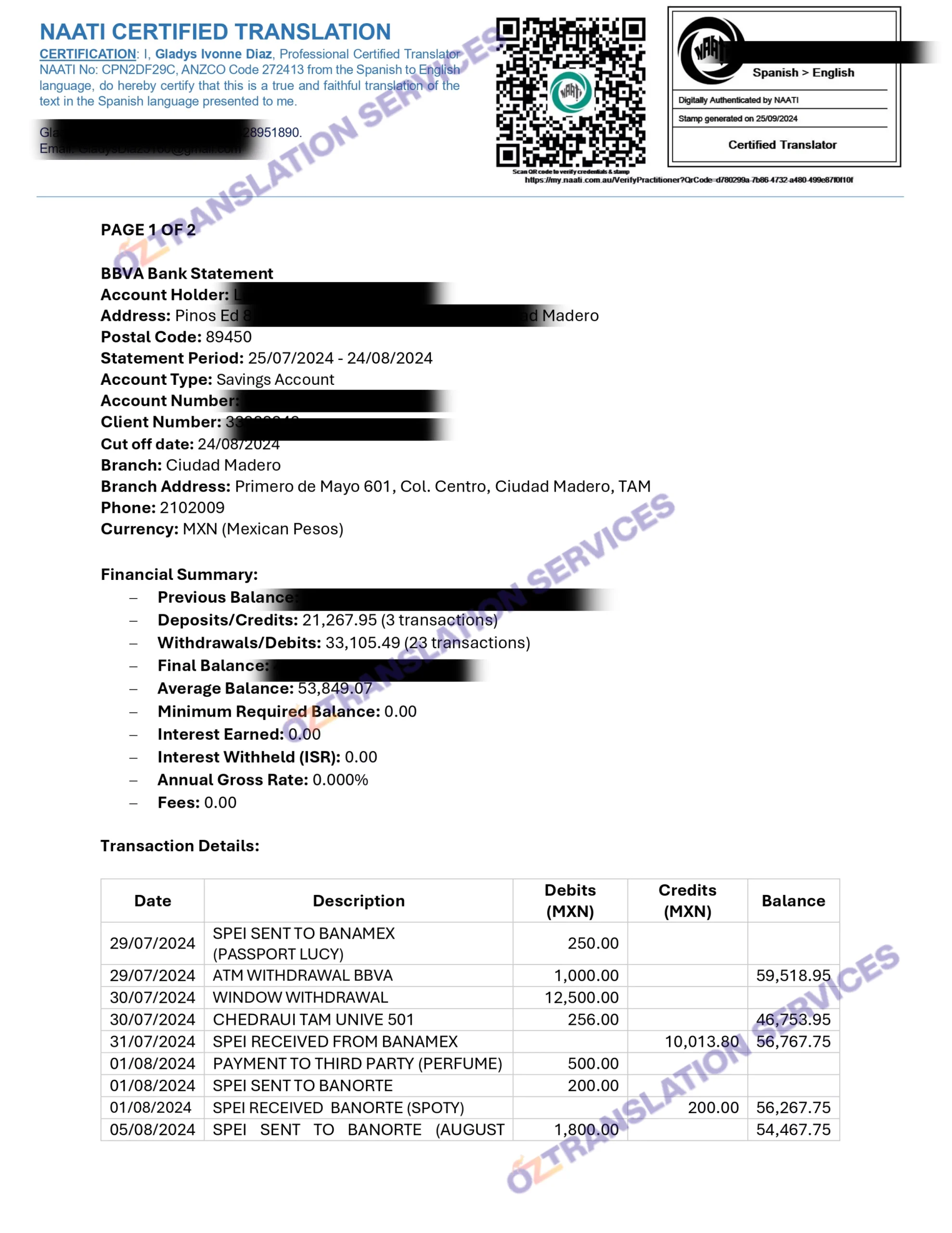 Spanish to English bank statement translation done by NAATI translators