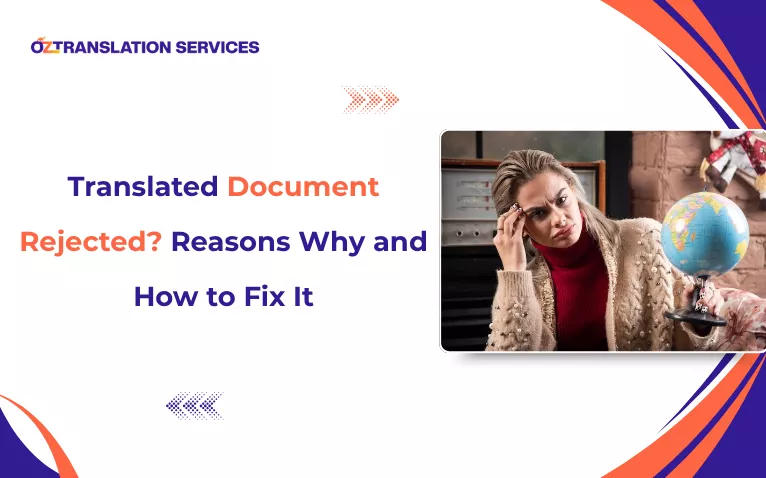 Frustrated woman with a globe; text asks "Translated document rejected? Reasons why and fix it"