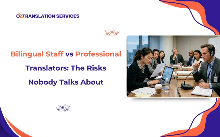 Blog banner image with text Bilingual Staff vs Professional Translators: The Risks Nobody Talks About